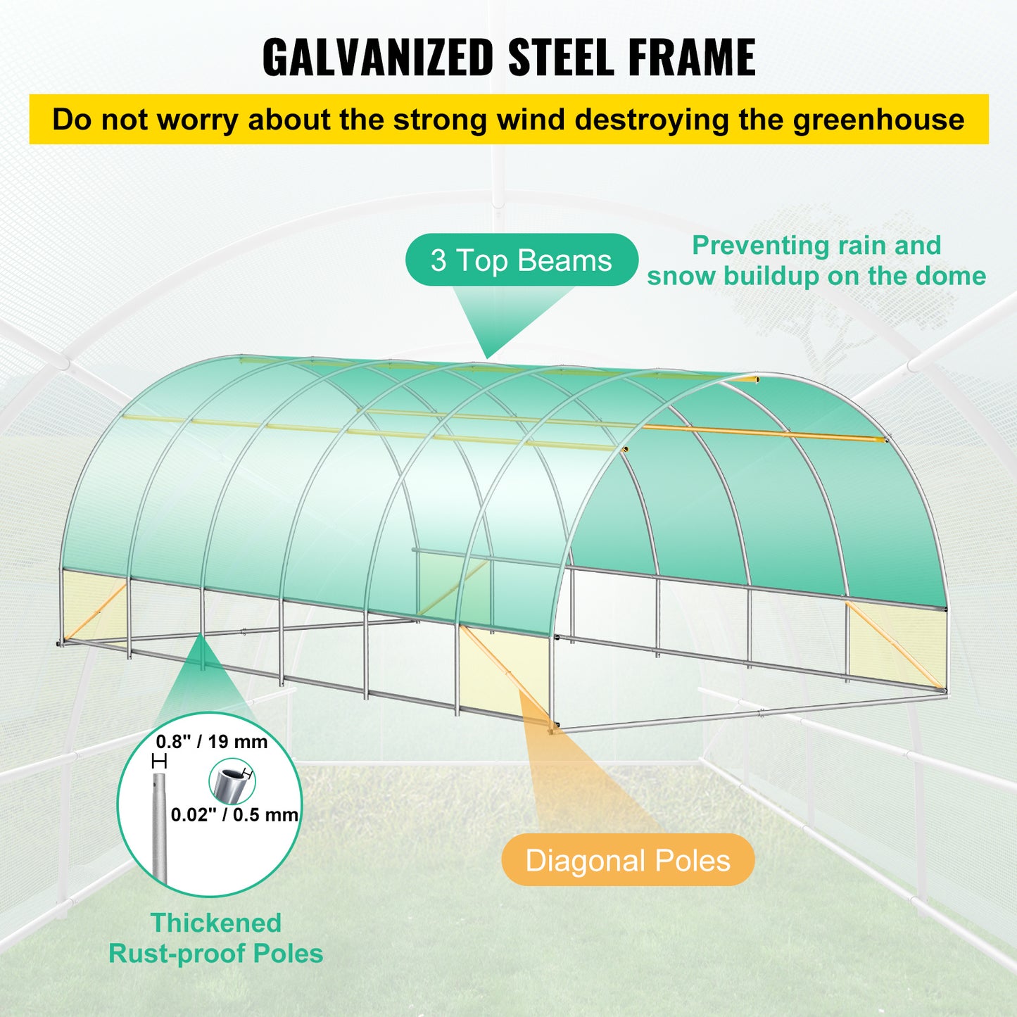 VEVOR Walk-in Tunnel Greenhouse, 20 X 10 X 7 Ft Portable Plant Hot House W  Galvanized Steel Hoops, 3 Top Beams, Diagonal Poles, 2 Zippered Doors   12 Roll-up Windows, Green