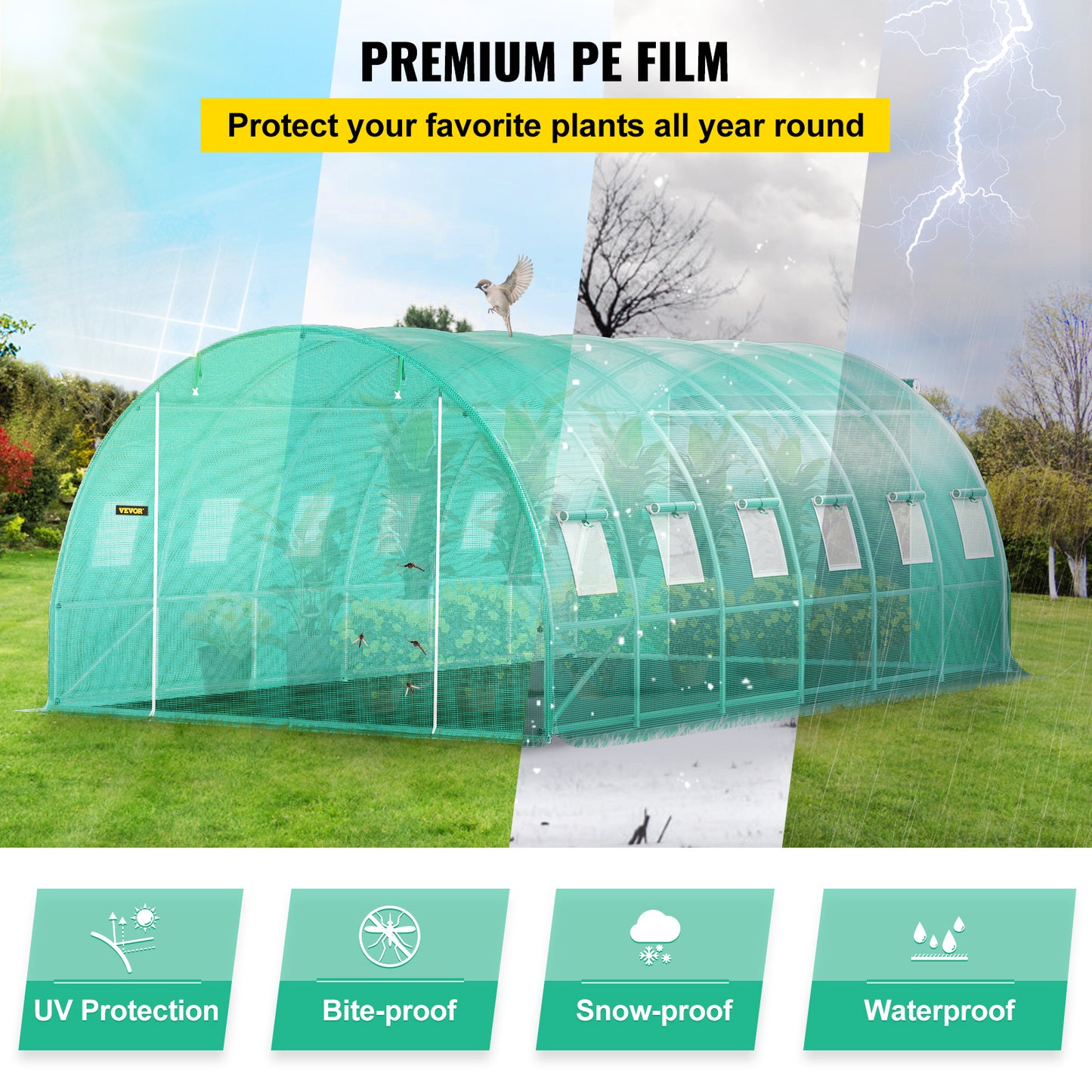 VEVOR Walk-in Tunnel Greenhouse, 20 X 10 X 7 Ft Portable Plant Hot House W  Galvanized Steel Hoops, 3 Top Beams, Diagonal Poles, 2 Zippered Doors   12 Roll-up Windows, Green