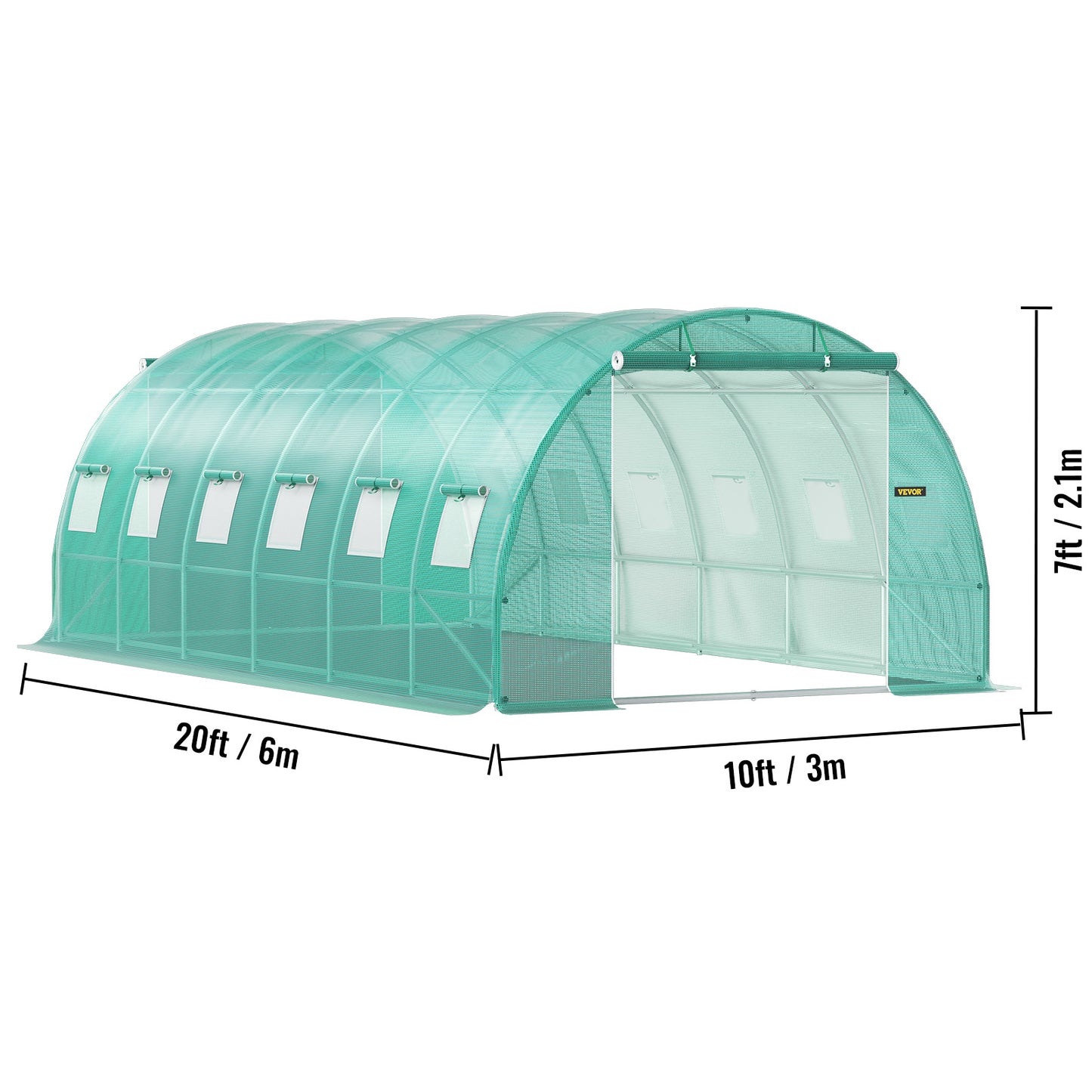 VEVOR Walk-in Tunnel Greenhouse, 20 X 10 X 7 Ft Portable Plant Hot House W  Galvanized Steel Hoops, 3 Top Beams, Diagonal Poles, 2 Zippered Doors   12 Roll-up Windows, Green