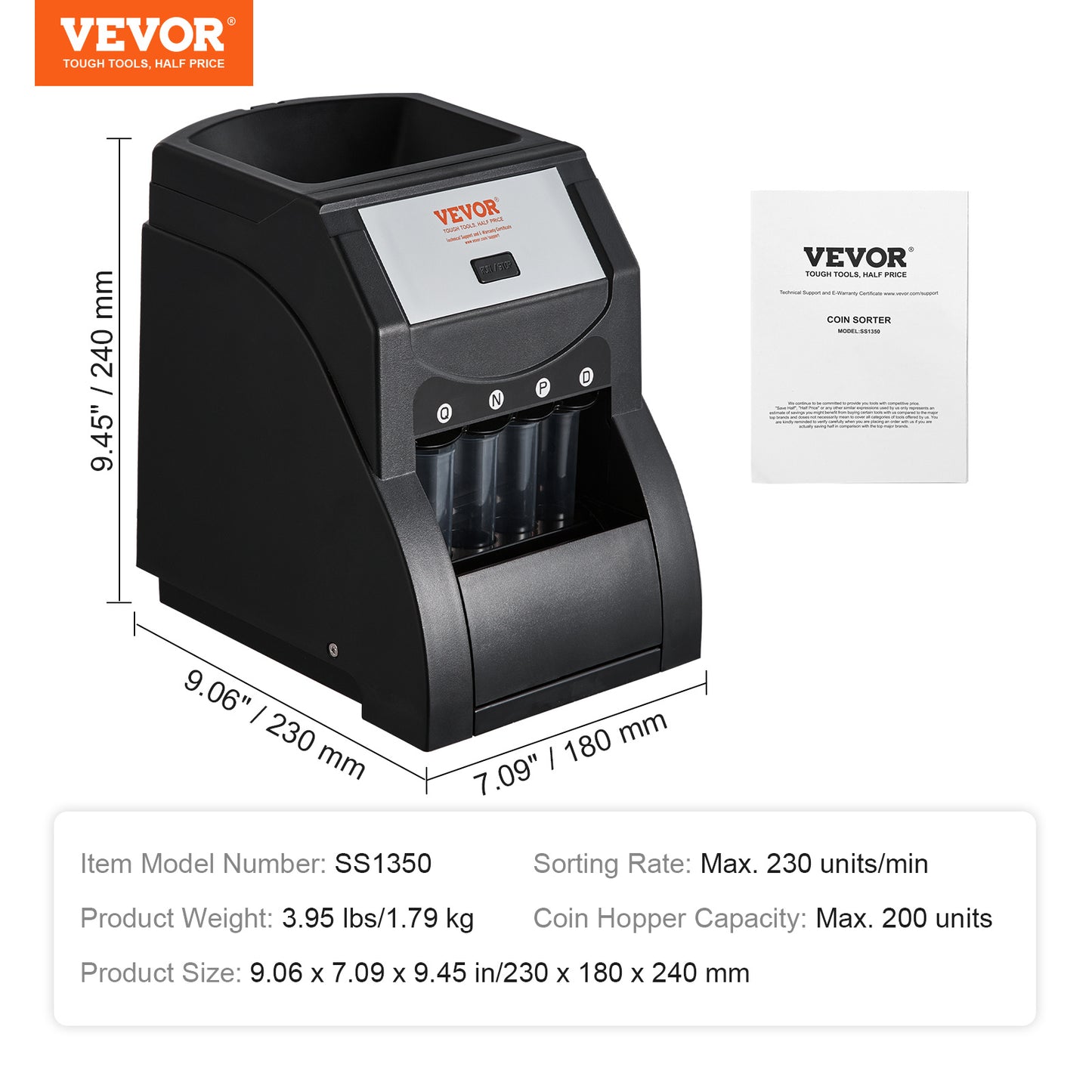 VEVOR USD Coin Sorter, Coin Sorter Machine For USD Coin Sorts Up To 230 Coins Min, Coin Sorter And Wrapper Machine Holds 200 Coins Included 4 Coin Tubes, Black