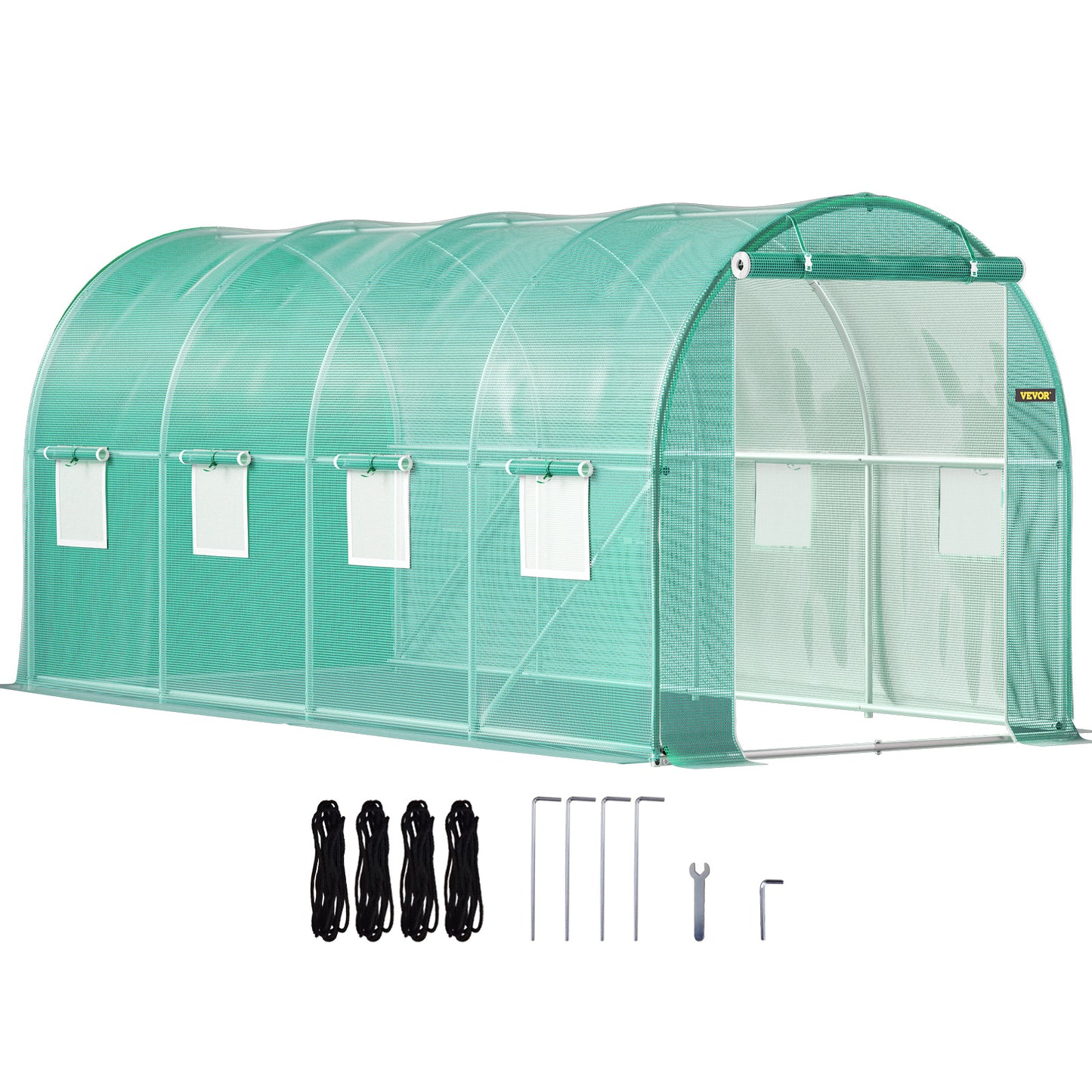 VEVOR Walk-in Tunnel Greenhouse, 15 X 7 X 7 Ft Portable Plant Hot House W Galvanized Steel Hoops, 1 Top Beam, Diagonal Poles, Zippered Door & 8 Roll-up Windows, Green