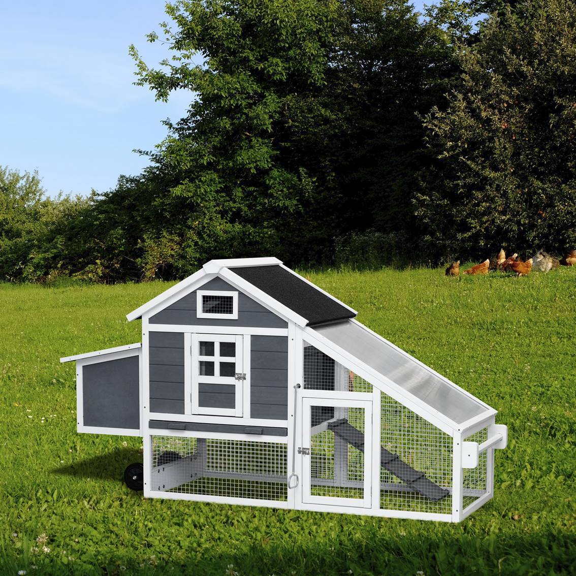 Removable Tray Ramp Wooden Outdoor Chicken Hutch Coop With Running Cage With Wheels