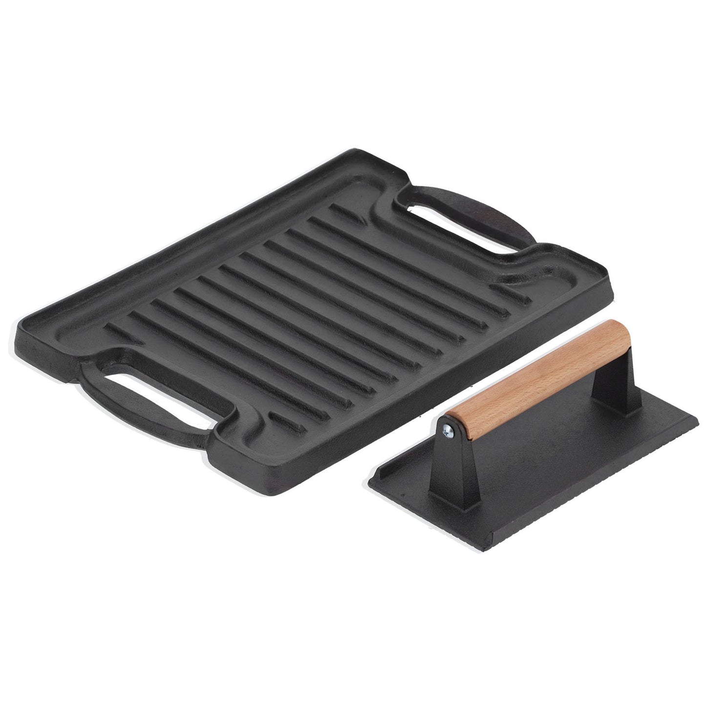 Cast Iron DoubleSided Grill Steak Griddle Plate with Rectangular Grill Press Barbecue Tool