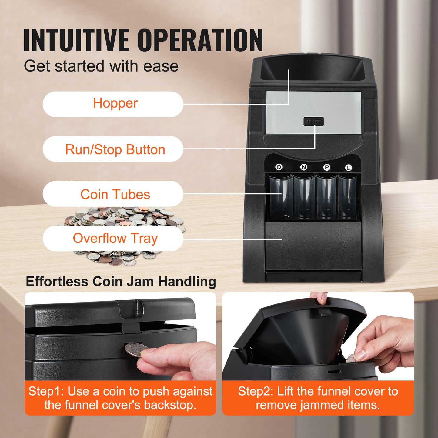 VEVOR USD Coin Sorter, Coin Sorter Machine For USD Coin Sorts Up To 230 Coins Min, Coin Sorter And Wrapper Machine Holds 200 Coins Included 4 Coin Tubes, Black