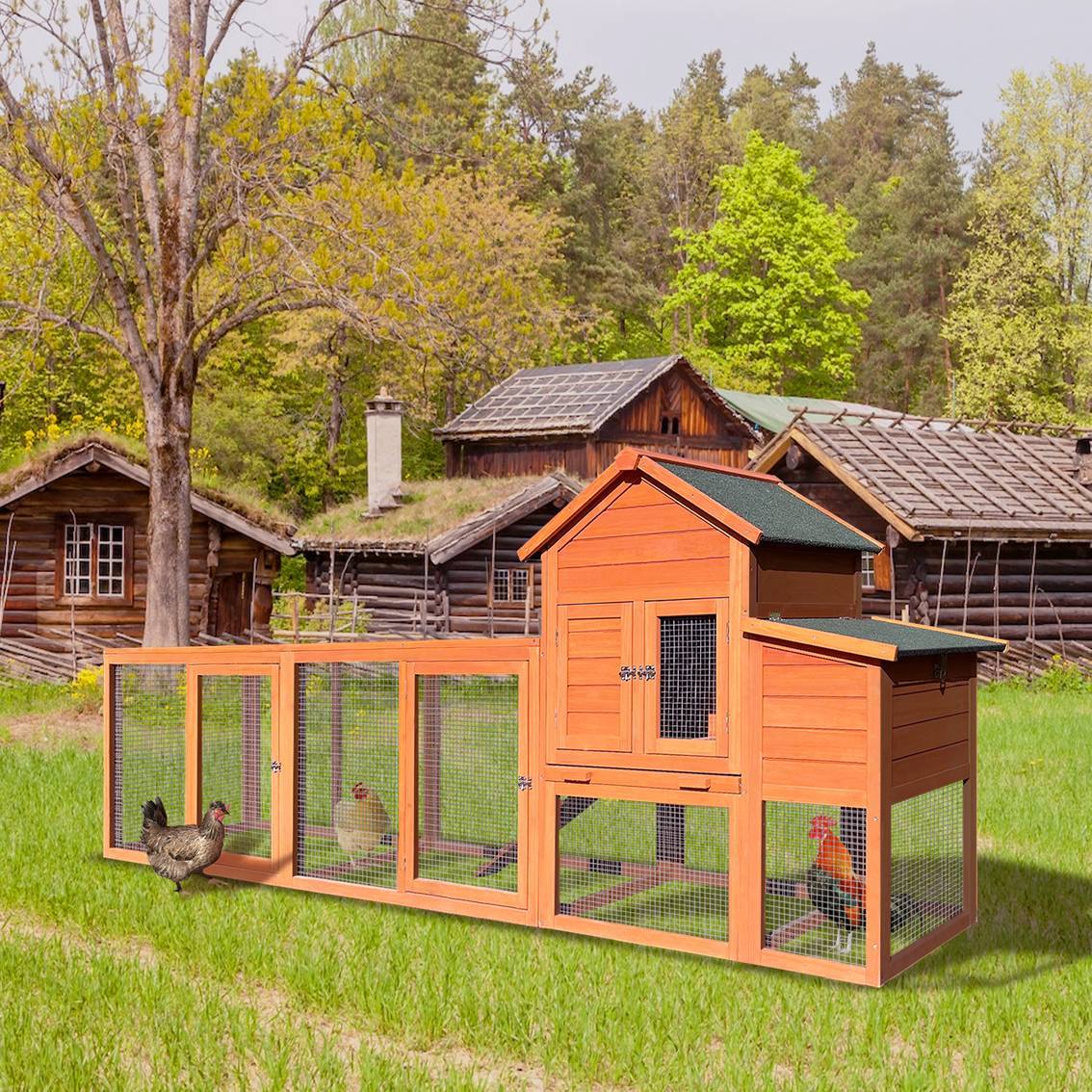 Wooden Chicken Coop Outdoor Hen House With Nest Box Wire Fence Poultry Cage