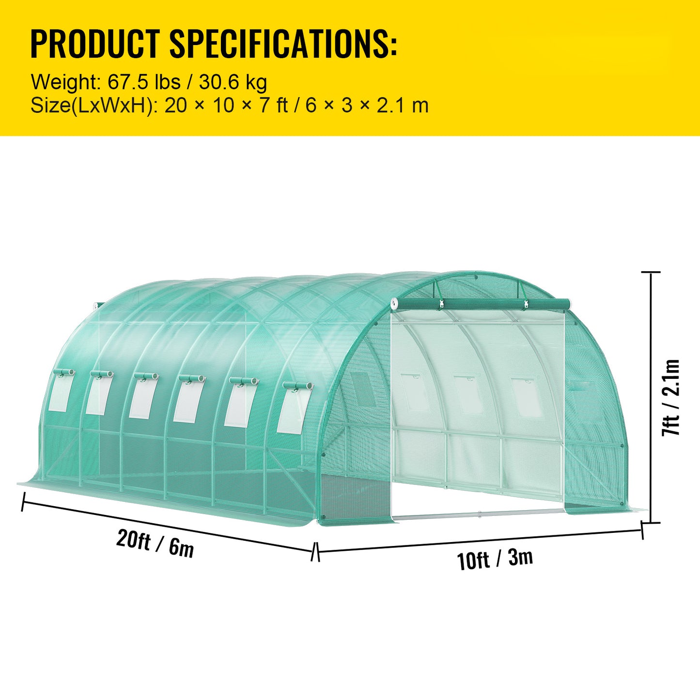 VEVOR Walk-in Tunnel Greenhouse, 20 X 10 X 7 Ft Portable Plant Hot House W  Galvanized Steel Hoops, 3 Top Beams, Diagonal Poles, 2 Zippered Doors   12 Roll-up Windows, Green