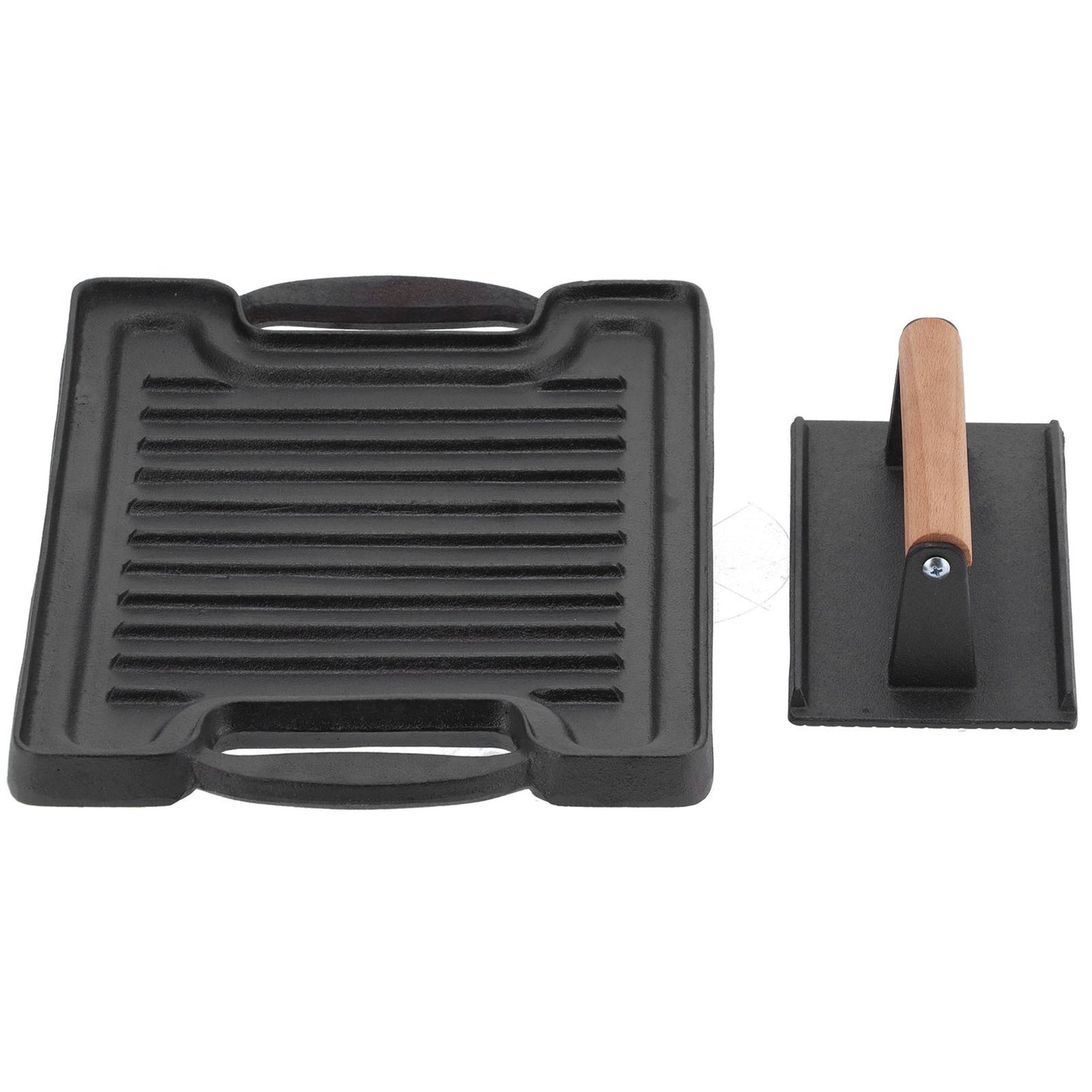 Cast Iron DoubleSided Grill Steak Griddle Plate with Rectangular Grill Press Barbecue Tool