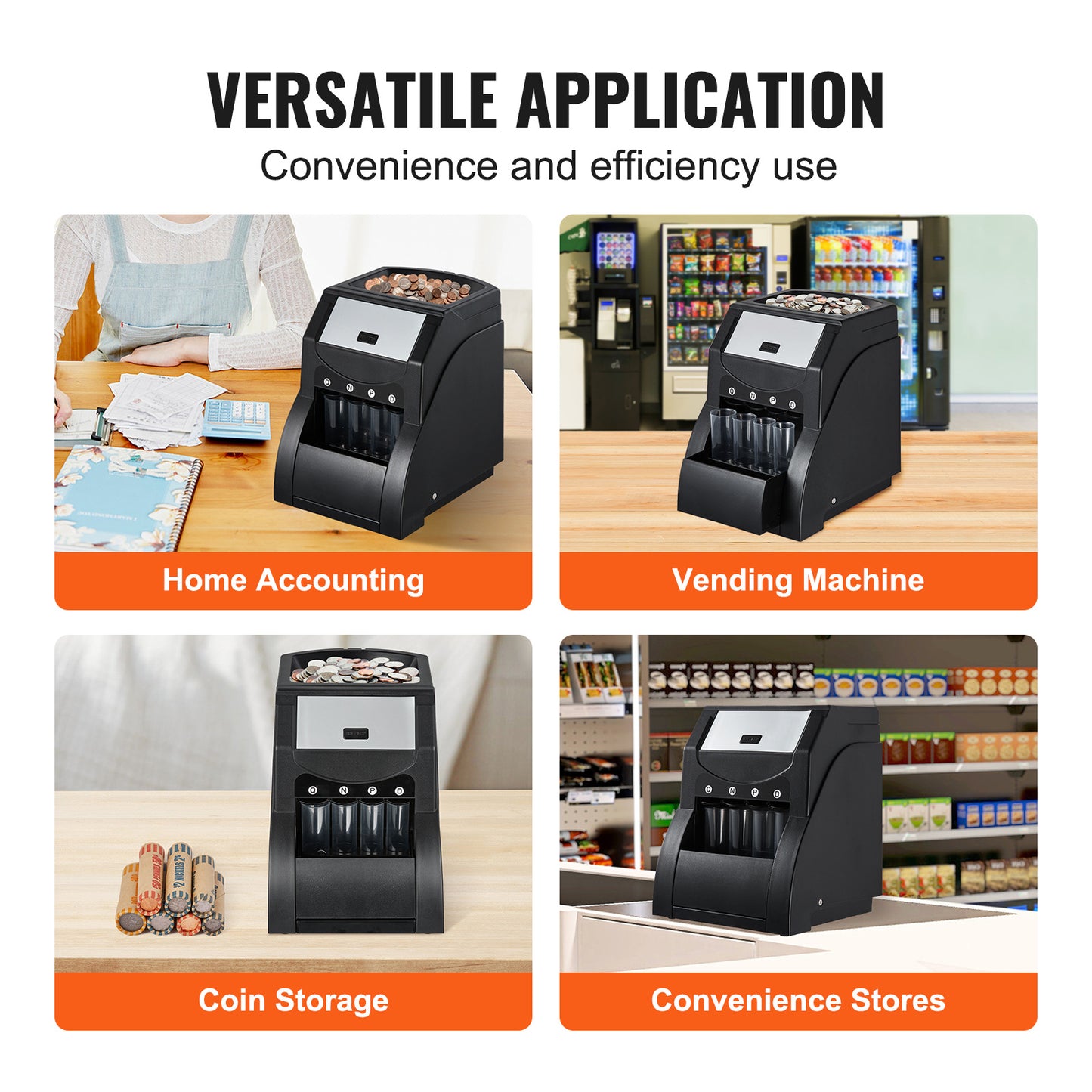 VEVOR USD Coin Sorter, Coin Sorter Machine For USD Coin Sorts Up To 230 Coins Min, Coin Sorter And Wrapper Machine Holds 200 Coins Included 4 Coin Tubes, Black