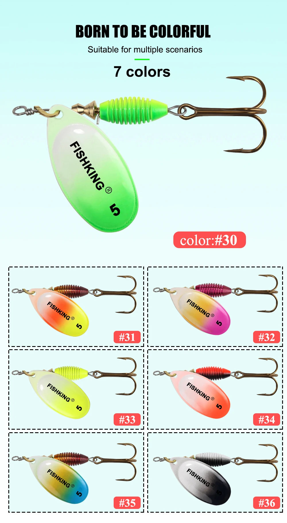 FISH KING Fishing Lure Spinner bait 4g 4.8g 7g 10g 14g Spoon Lures With Treble Hooks Peche Jig Anzuelos isca Pesca