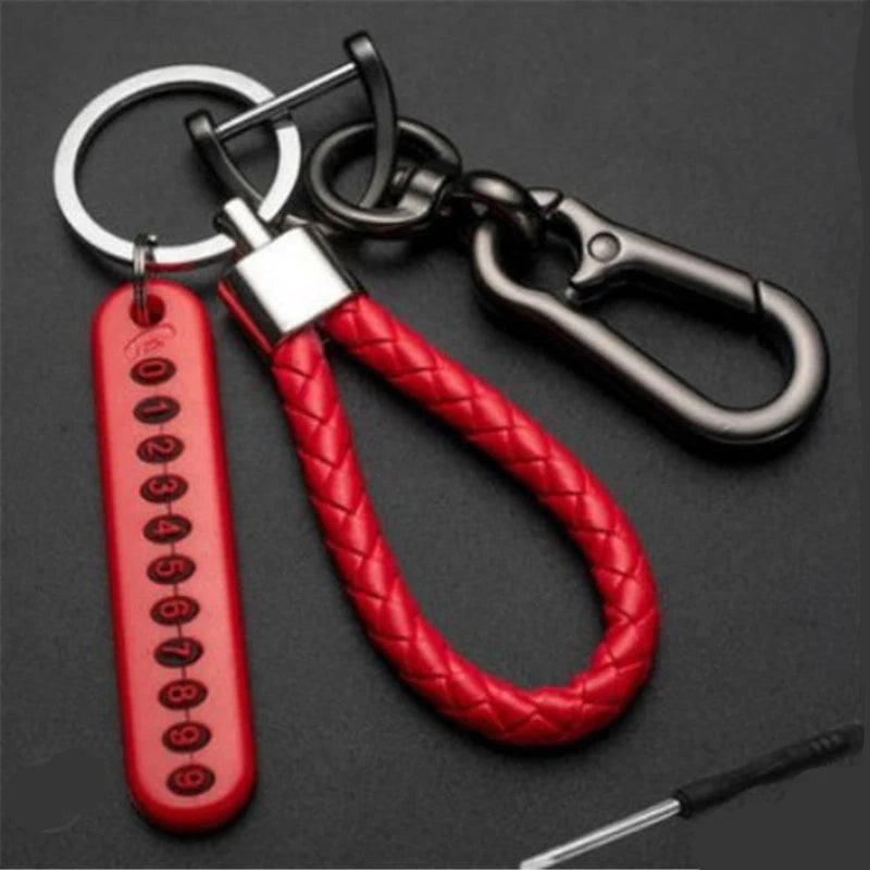 Anti-lost Car Keychain Phone Number Card Keyring Leather Bradied Rope Auto Vehicle Key Chain Holder Accessories Gift for Husband