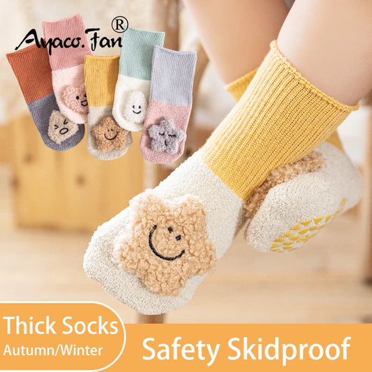 Toddler Socks Newborn Baby Winter Thick Coral Fleece Prewalker Autumn Girl Boy Infant Skidproof Sole Kids Cartoon Doll Sock 0-3T