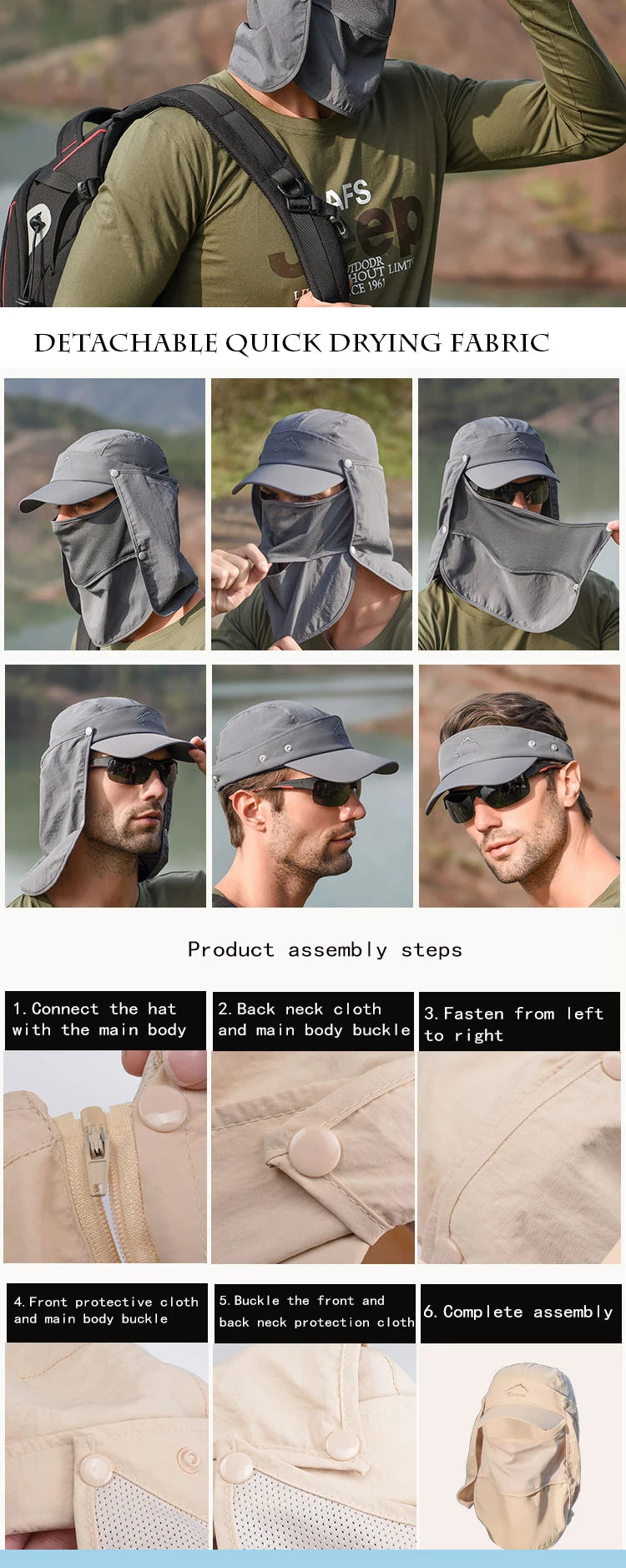 Outdoor Neck Protection Sun Cap Quick Drying Sunshade Hat Fishing Cycling Climbing Men Removable Face Shield Safari Hat Women