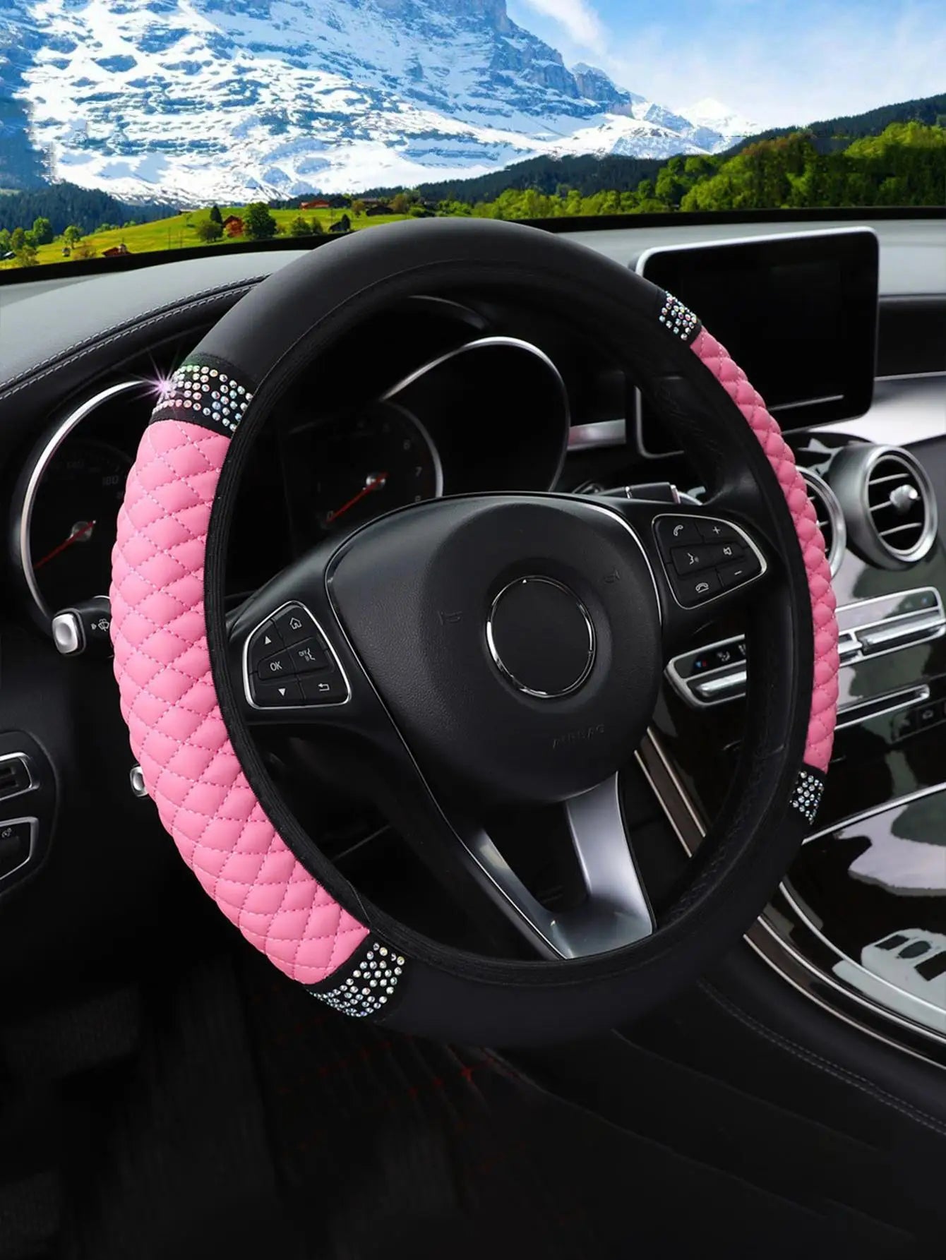 1pc Leather Embroidery Colorful Rhinestone Car Steering Wheel Cover, Fit For 14.5-15 Inch Steering Wheel, Auto Accessory