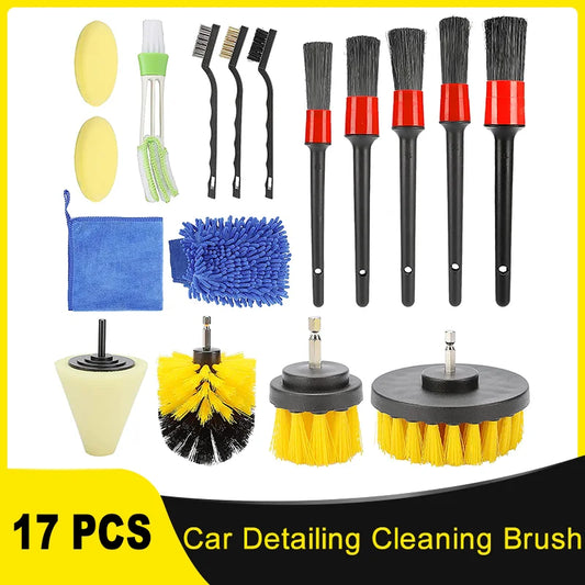 17 Pcs Car Detailing Cleaning Brushes Kit Car Interior Washing Tool Set with Drill Brushes Wire Brushes Air Vent Brushes