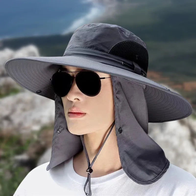 UPF50+ Fishing hat Sun shading large eaves mountain climbing mask mesh breathable outdoor UV protection detachable full face