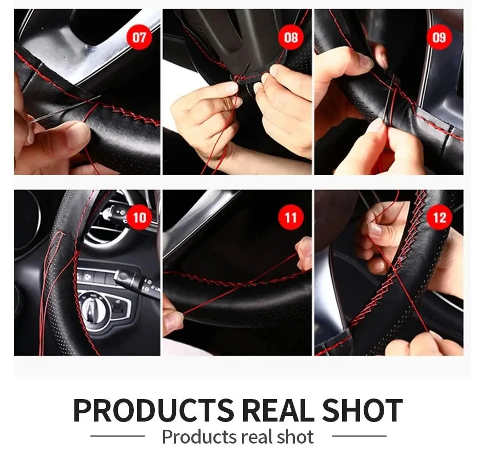 Car Steering Wheel Cover Needles And Braid Thread Artificial Leather Car Covers Suite 3 Color DIY Texture Soft Auto Accessories