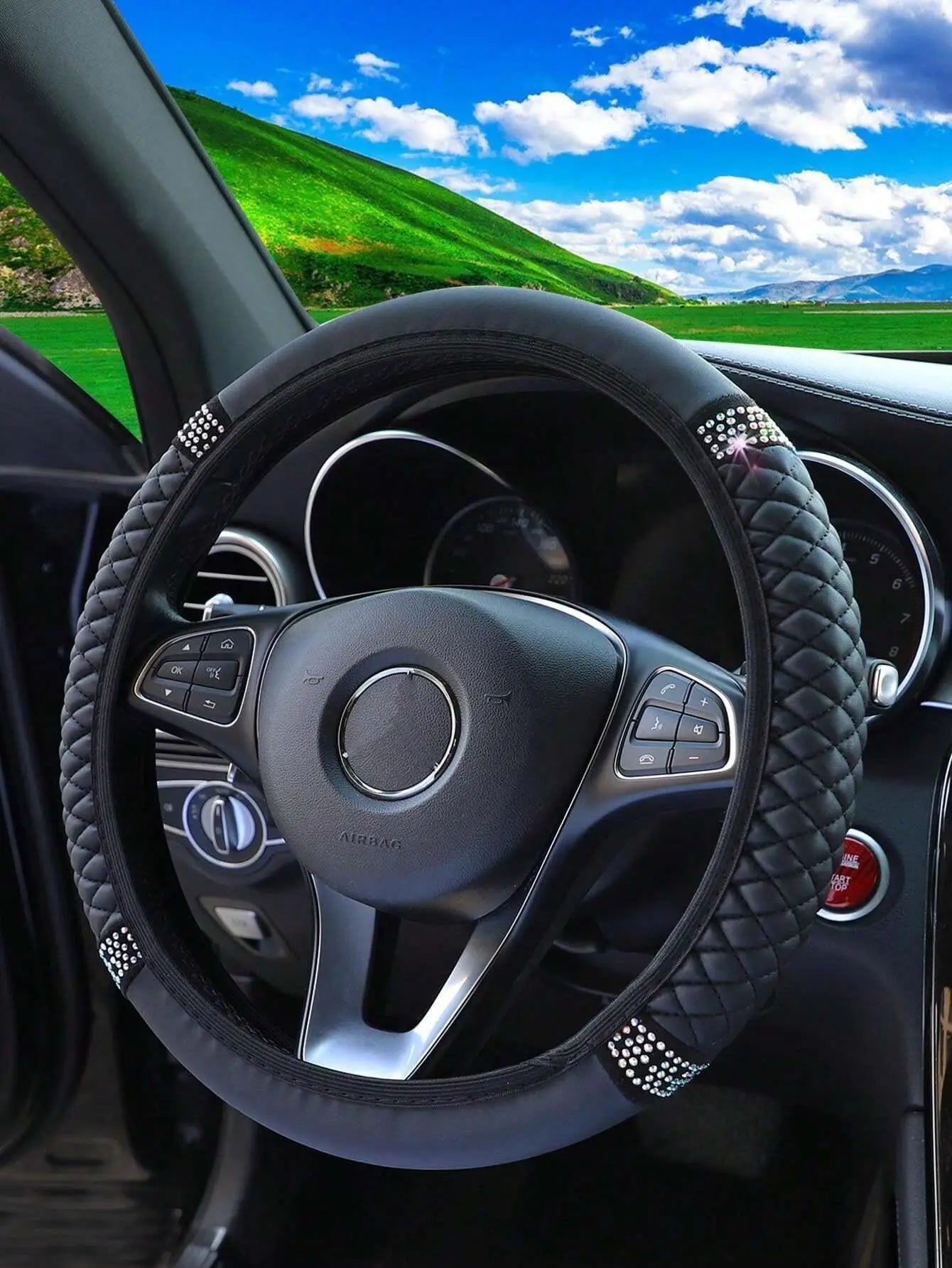 1pc Leather Embroidery Colorful Rhinestone Car Steering Wheel Cover, Fit For 14.5-15 Inch Steering Wheel, Auto Accessory