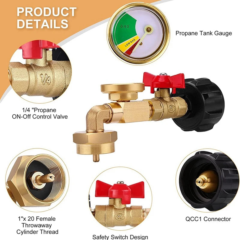 Propane Adapter 1Lb To 20Lb, QCC1 Propane Refill Elbow Adapter With Gauge And ON-Off Control Valve For 1LB Propane Tank