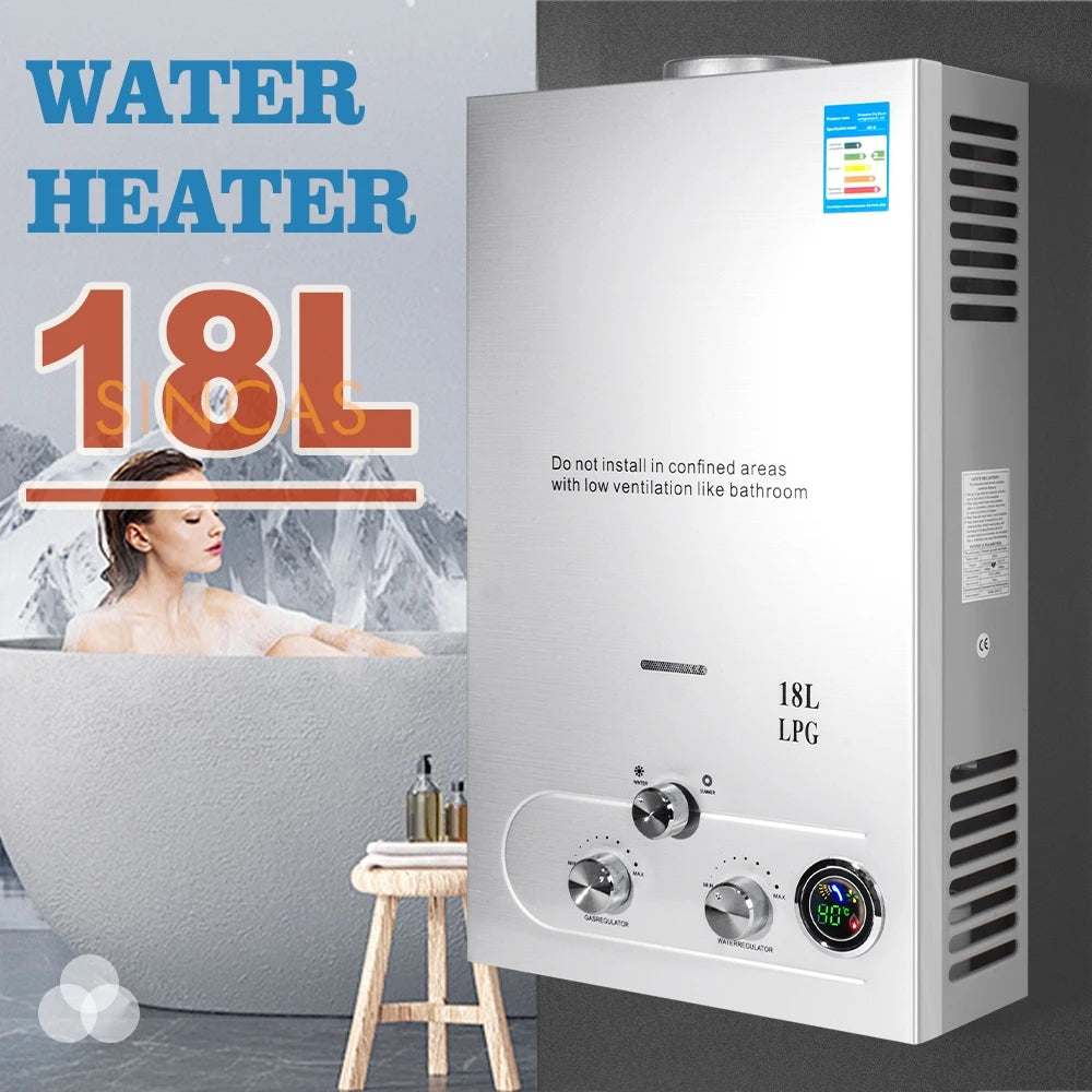 18L LPG Propane Gas Instant Hot Water Heater Boiler Outdoor Stainless Steel Tankless Hot Water Heater On-Demand Boiler ShowerKit