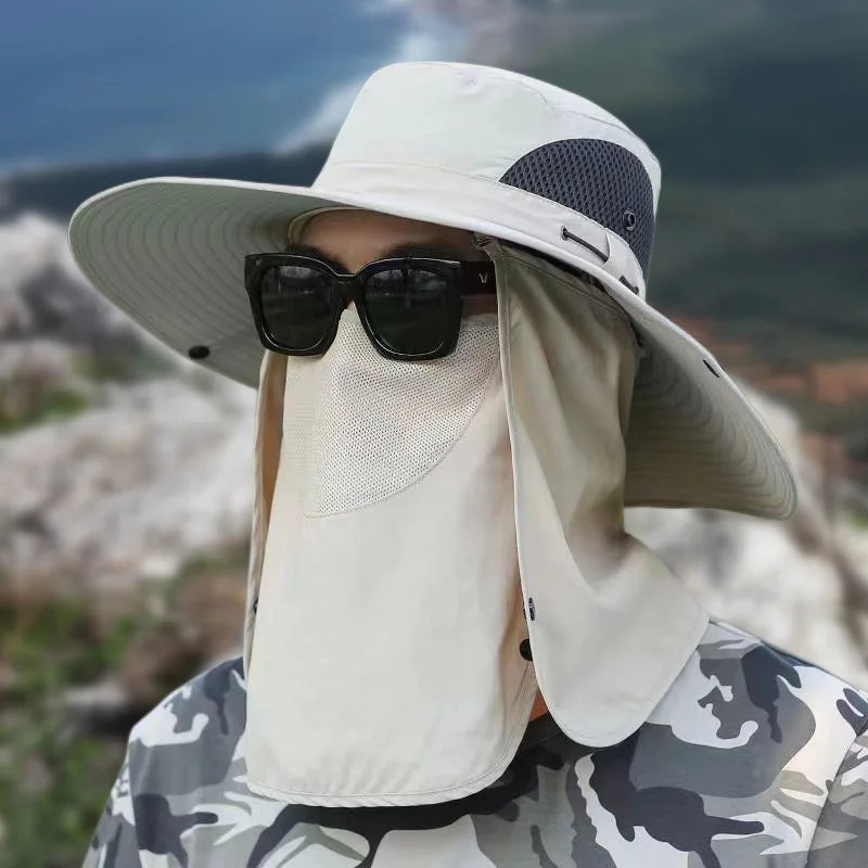 UPF50+ Fishing hat Sun shading large eaves mountain climbing mask mesh breathable outdoor UV protection detachable full face