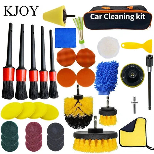 KJOY 2025 New Car Cleaning Kit Scrubber Drill Detailing Brush Set Air Conditioner Vents Towel Polisher Car Auto Detailing Tools