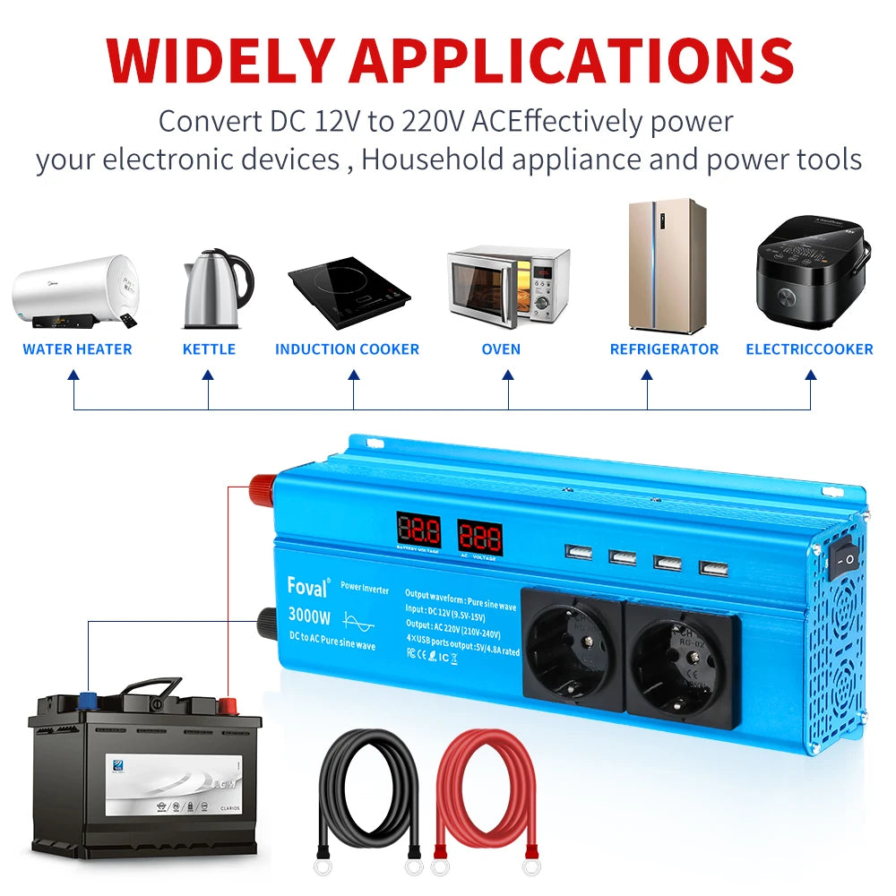 Pure Sine Wave Inverter DC 12V to AC 220V 230V 1500W/2200W/2600W Voltage Transfer Converter Universal EU Socket Auto Accessories