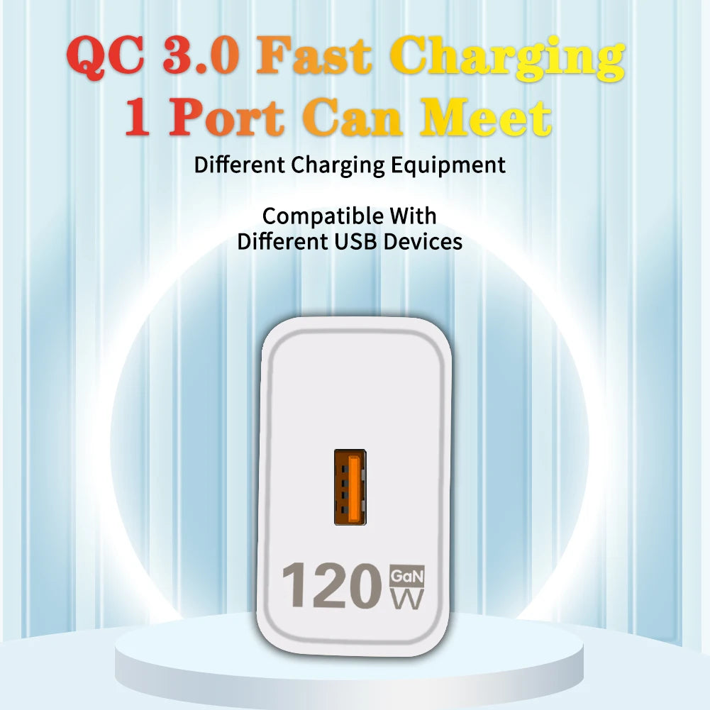 120W GaN USB Fast Charging Quick Charger 3.0 Type C Cable 10A Mobile Phone Charger For iPhone Huawei Samsung Xiaomi Wall Charger