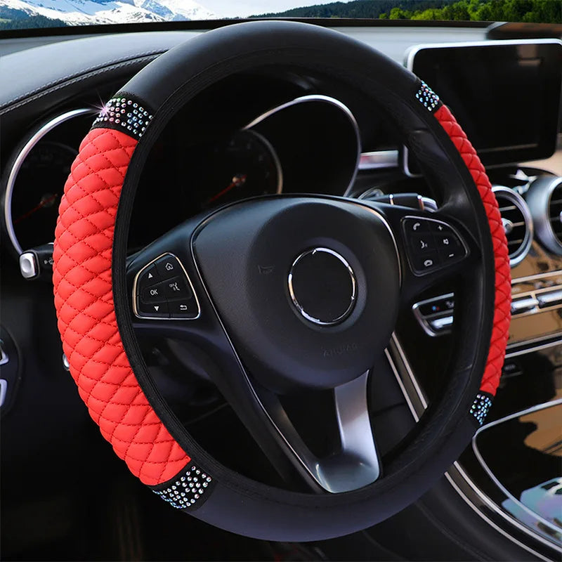 1pc Leather Embroidery Colorful Rhinestone Car Steering Wheel Cover, Fit For 14.5-15 Inch Steering Wheel, Auto Accessory