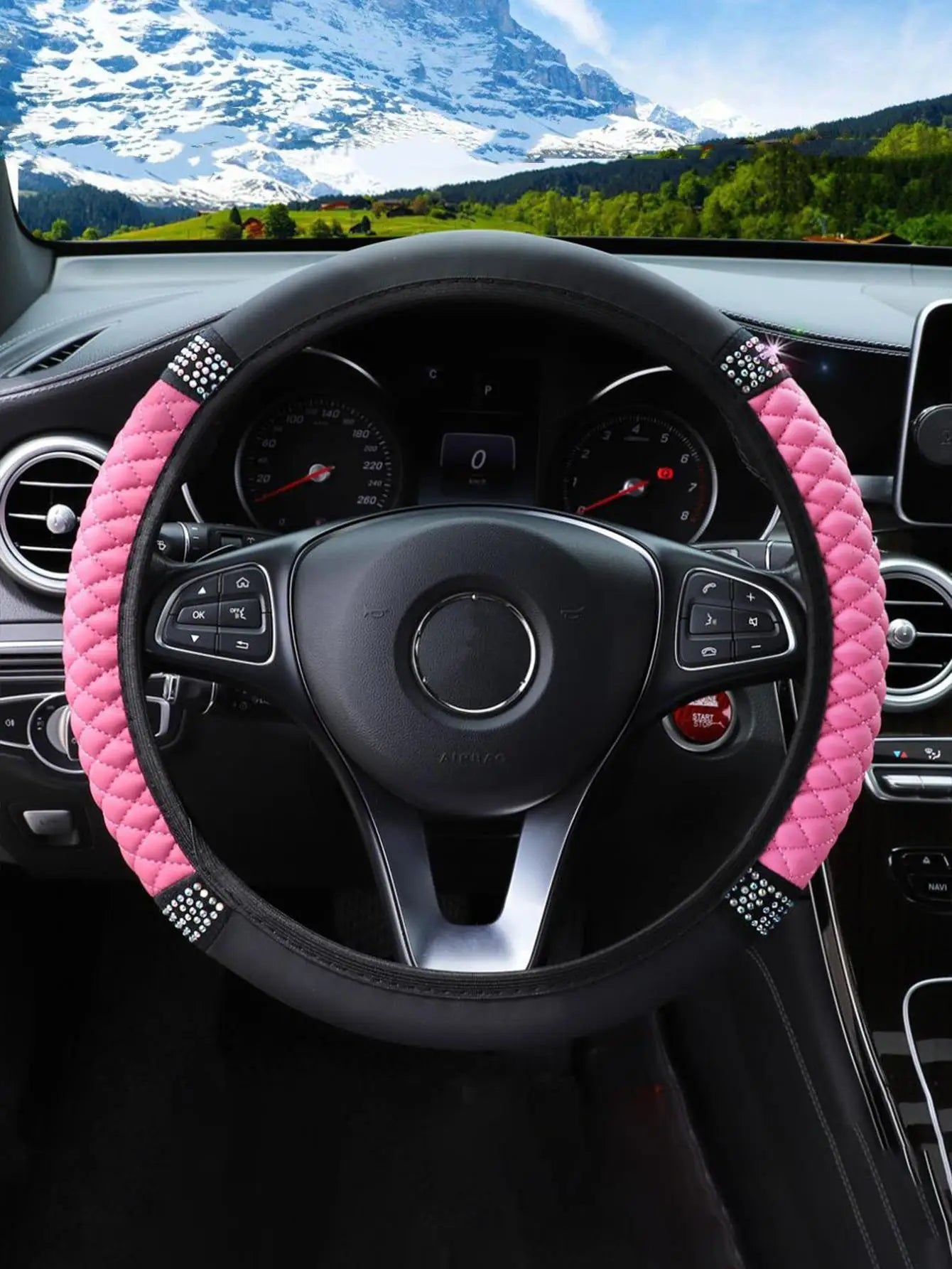 1pc Leather Embroidery Colorful Rhinestone Car Steering Wheel Cover, Fit For 14.5-15 Inch Steering Wheel, Auto Accessory