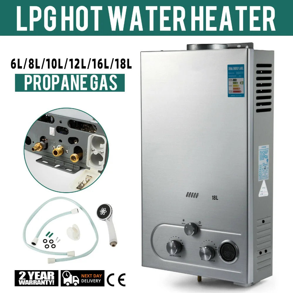 VEVOR LPG Water Heater 6L/8L/10L/12L/16L/18L Propane Gas LPG Stainless Tankless Boiler Shower Kit For Outdoors Home Camping