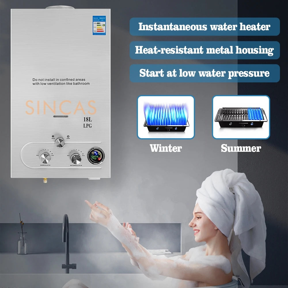 18L LPG Propane Gas Instant Hot Water Heater Boiler Outdoor Stainless Steel Tankless Hot Water Heater On-Demand Boiler ShowerKit