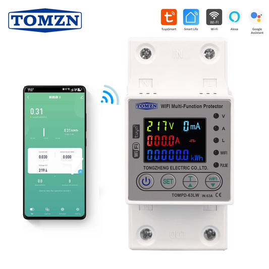 TOMZN 63A 80A WIFI Smart Energy Meter Kwh Metering Switch Timer with voltage current and leakage protection TUYA Circuit breaker