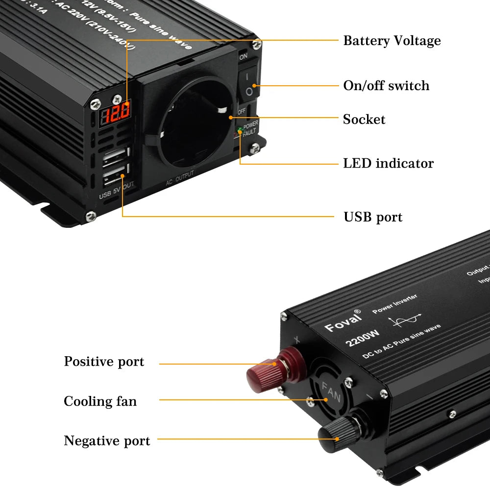 Pure Sine Wave Inverter DC 12V to AC 220V 230V 1500W/2200W/2600W Voltage Transfer Converter Universal EU Socket Auto Accessories