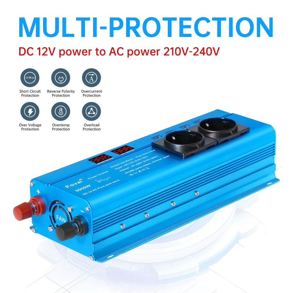 Pure Sine Wave Inverter DC 12V to AC 220V 230V 1500W/2200W/2600W Voltage Transfer Converter Universal EU Socket Auto Accessories