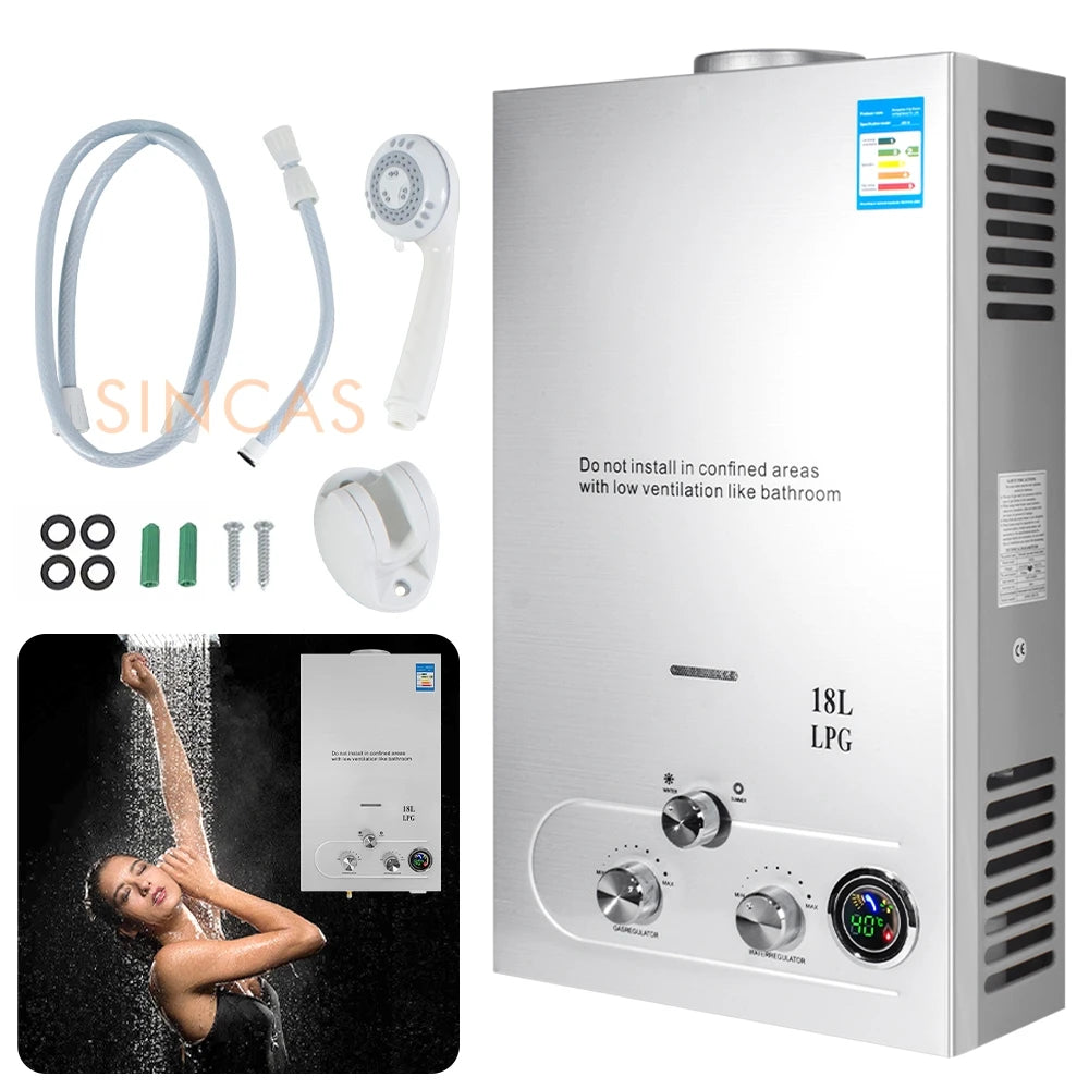 18L LPG Propane Gas Instant Hot Water Heater Boiler Outdoor Stainless Steel Tankless Hot Water Heater On-Demand Boiler ShowerKit