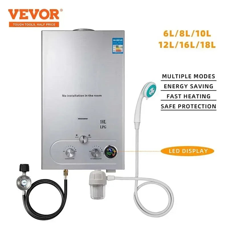 VEVOR LPG Water Heater 6L/8L/10L/12L/16L/18L Propane Gas LPG Stainless Tankless Boiler Shower Kit For Outdoors Home Camping