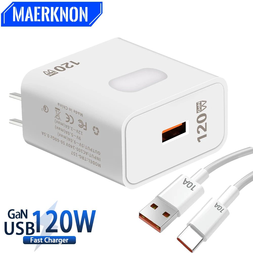 120W GaN USB Fast Charging Quick Charger 3.0 Type C Cable 10A Mobile Phone Charger For iPhone Huawei Samsung Xiaomi Wall Charger