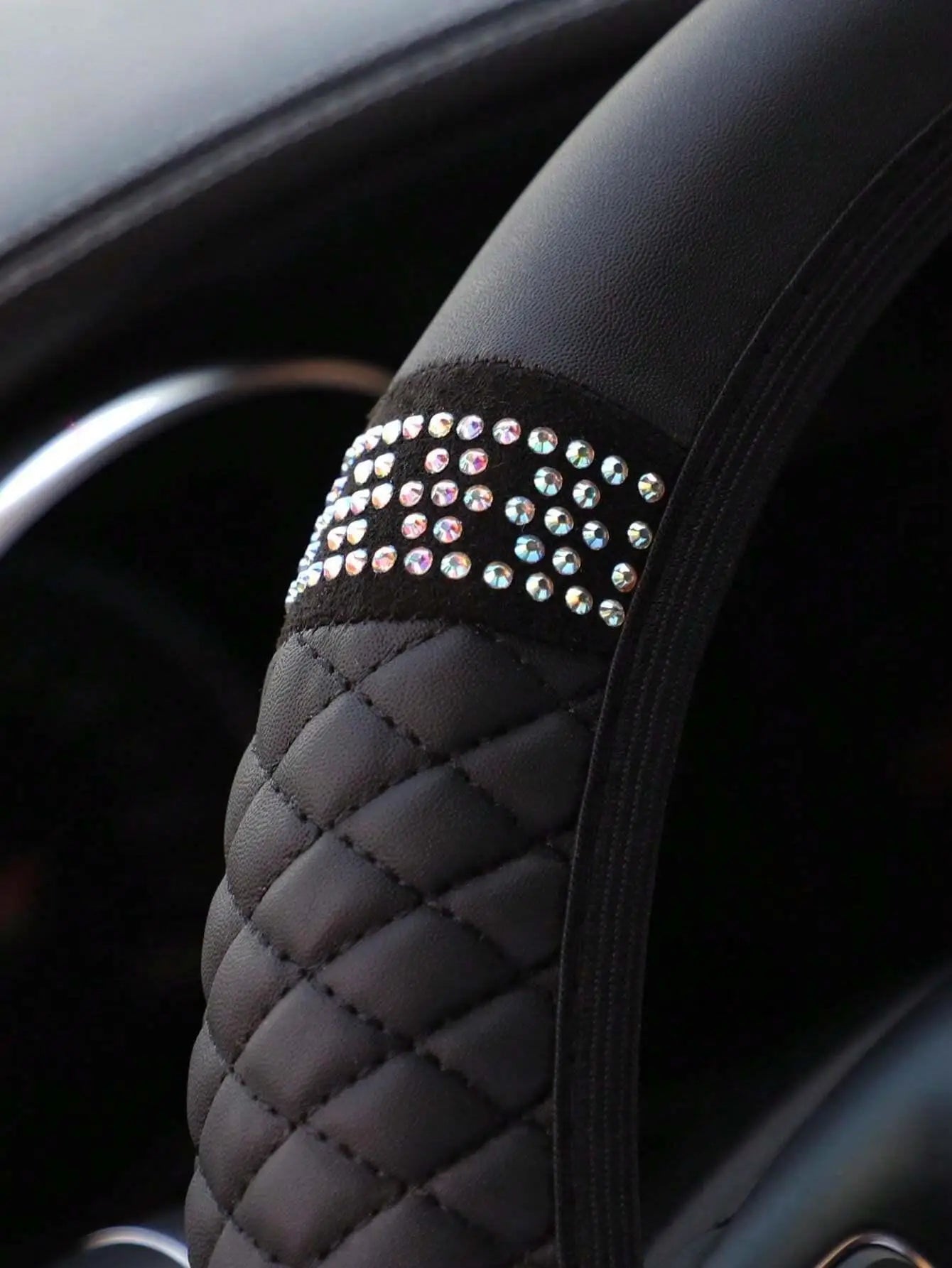 1pc Leather Embroidery Colorful Rhinestone Car Steering Wheel Cover, Fit For 14.5-15 Inch Steering Wheel, Auto Accessory