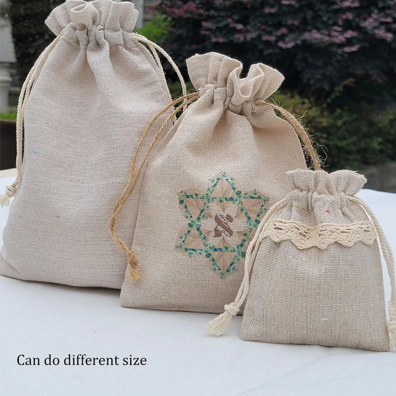 Natural Linen Gift Bags 5x7cm 7x9cm 9x12cm 50pcs/Lot Party Candy Jute Dust Sack Custom Logo Jewelry Pouch