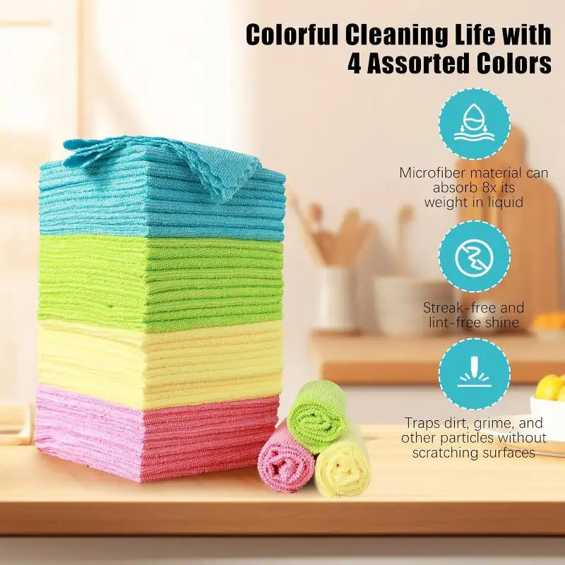 12 Pack Microfiber Cleaning Cloth - Reusable Cleaning Rag, Fast Drying Cleaning Towels,12"X12", Green/Blue/Yellow/Pink