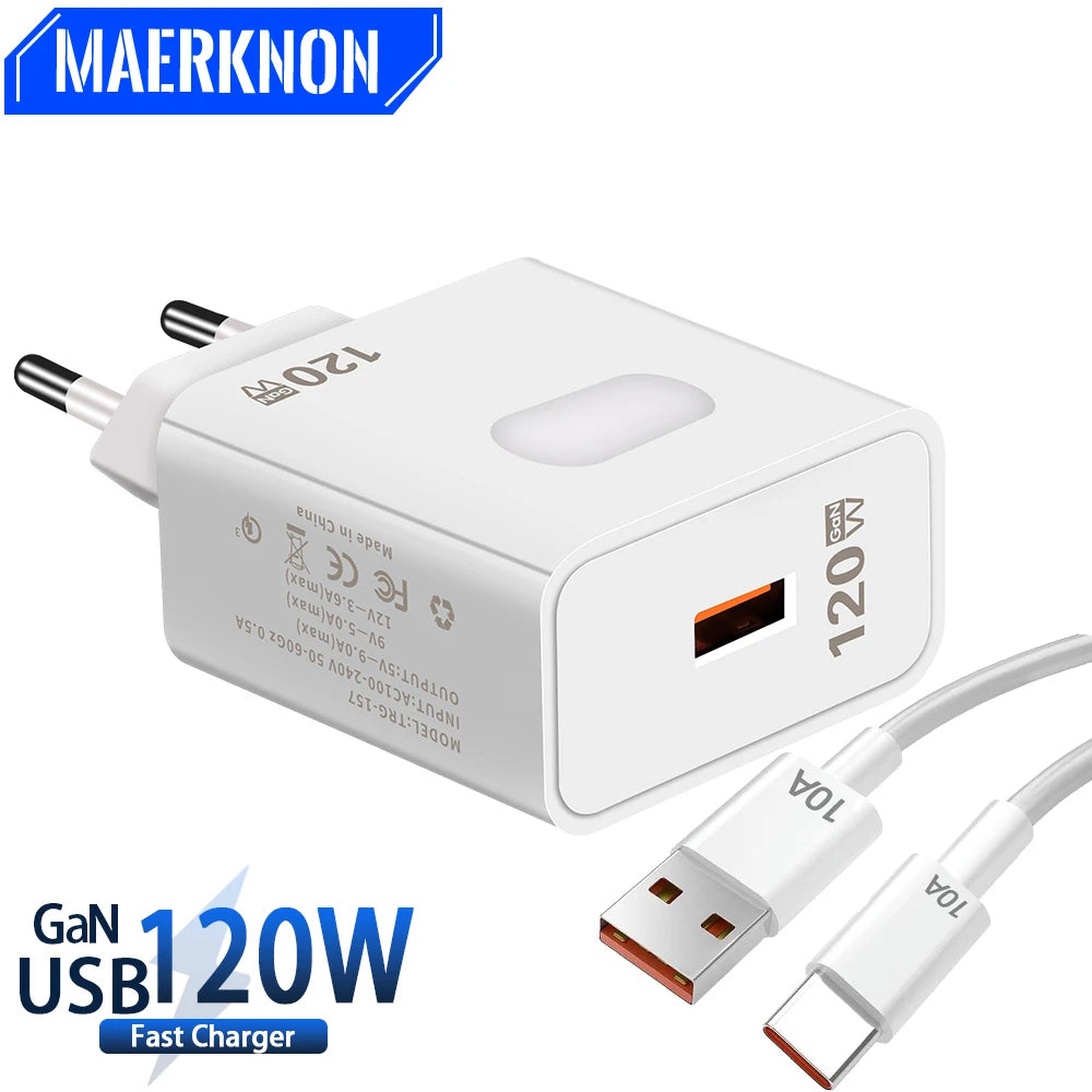 120W GaN USB Fast Charging Quick Charger 3.0 Type C Cable 10A Mobile Phone Charger For iPhone Huawei Samsung Xiaomi Wall Charger