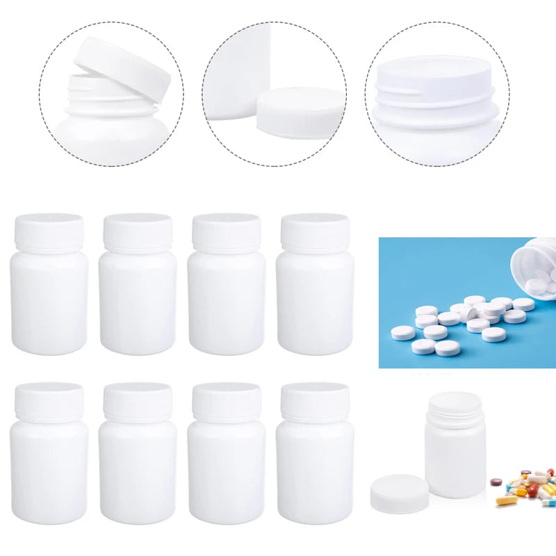 10PCS 15ml/20ml/30ml/60ml/100ml Plastic HDPE White Empty Seal Bottles Pill Vials Tablet Capsule Solid Powder Portable Containers