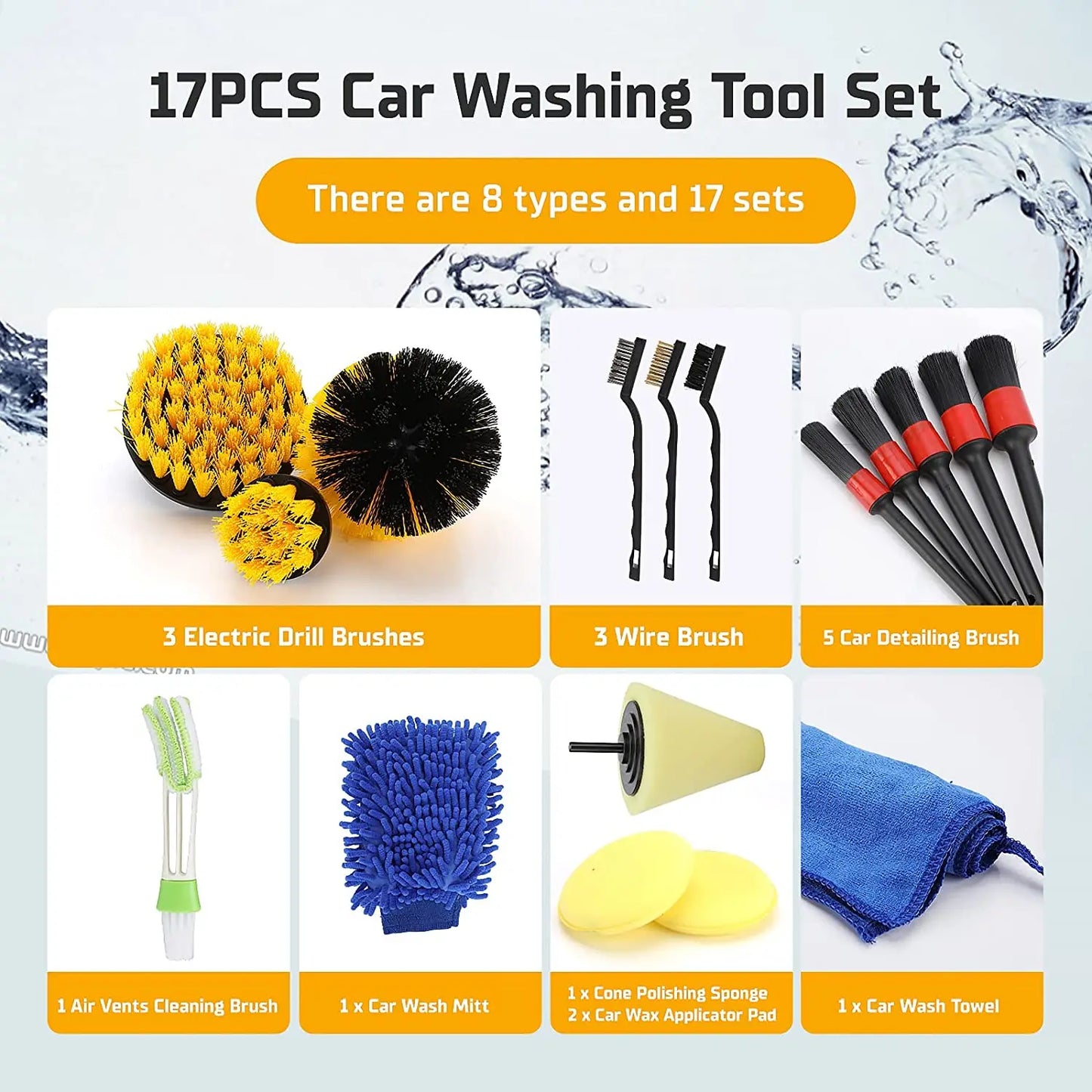 17 Pcs Car Detailing Cleaning Brushes Kit Car Interior Washing Tool Set with Drill Brushes Wire Brushes Air Vent Brushes