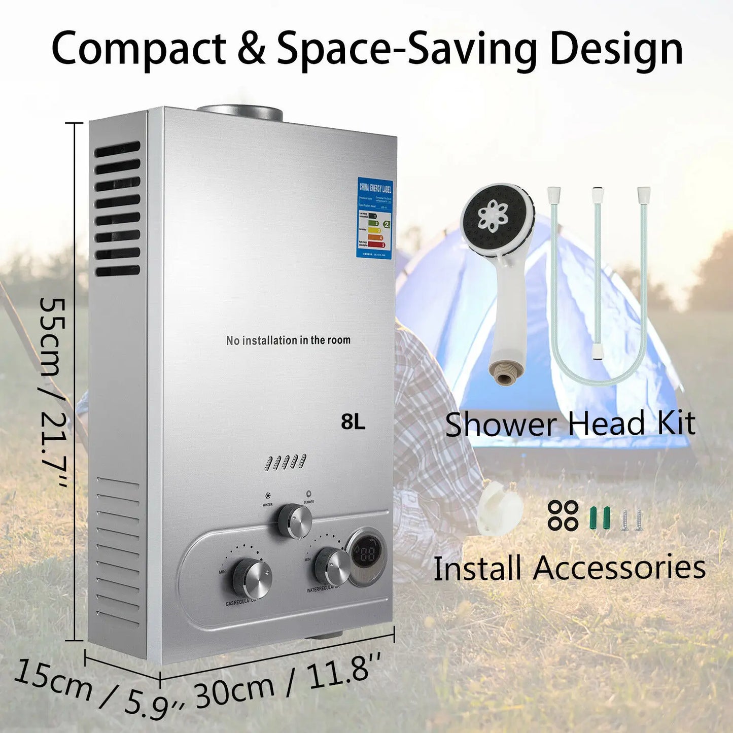 VEVOR LPG Water Heater 6L/8L/10L/12L/16L/18L Propane Gas LPG Stainless Tankless Boiler Shower Kit For Outdoors Home Camping