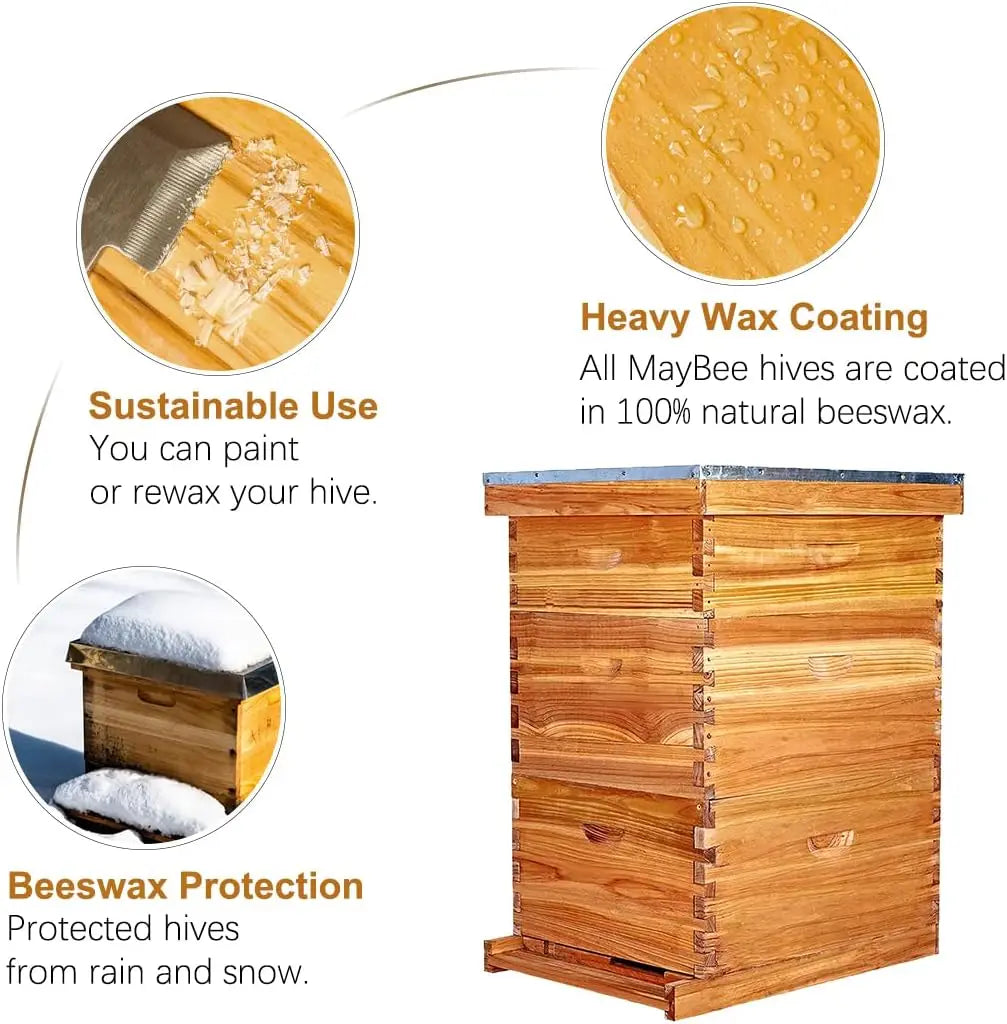 10-Frame Langstroth Beehive Dipped in 100% Beeswax, Complete Bee Hives and Supplies Starter Kit Includes 2 Deep Hive Bee Box and