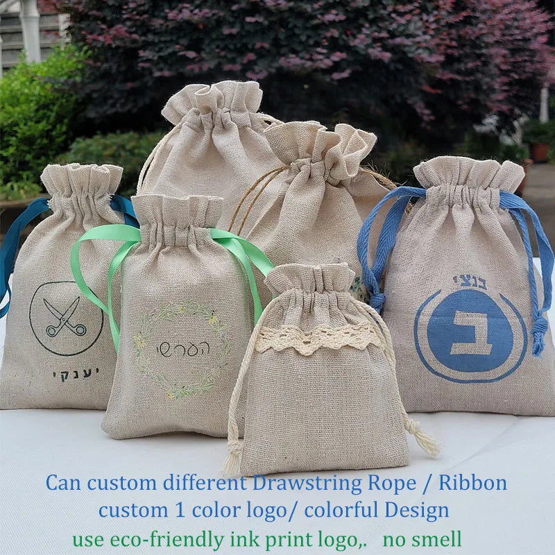 Natural Linen Gift Bags 5x7cm 7x9cm 9x12cm 50pcs/Lot Party Candy Jute Dust Sack Custom Logo Jewelry Pouch