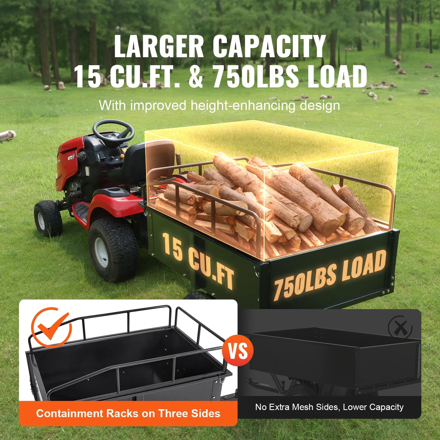 VEVOR Heavy Duty ATV Trailer Steel Dump Cart, 750-Pound 15 Cubic Feet, with Removable Sides for Riding Lawn Mower Tractor