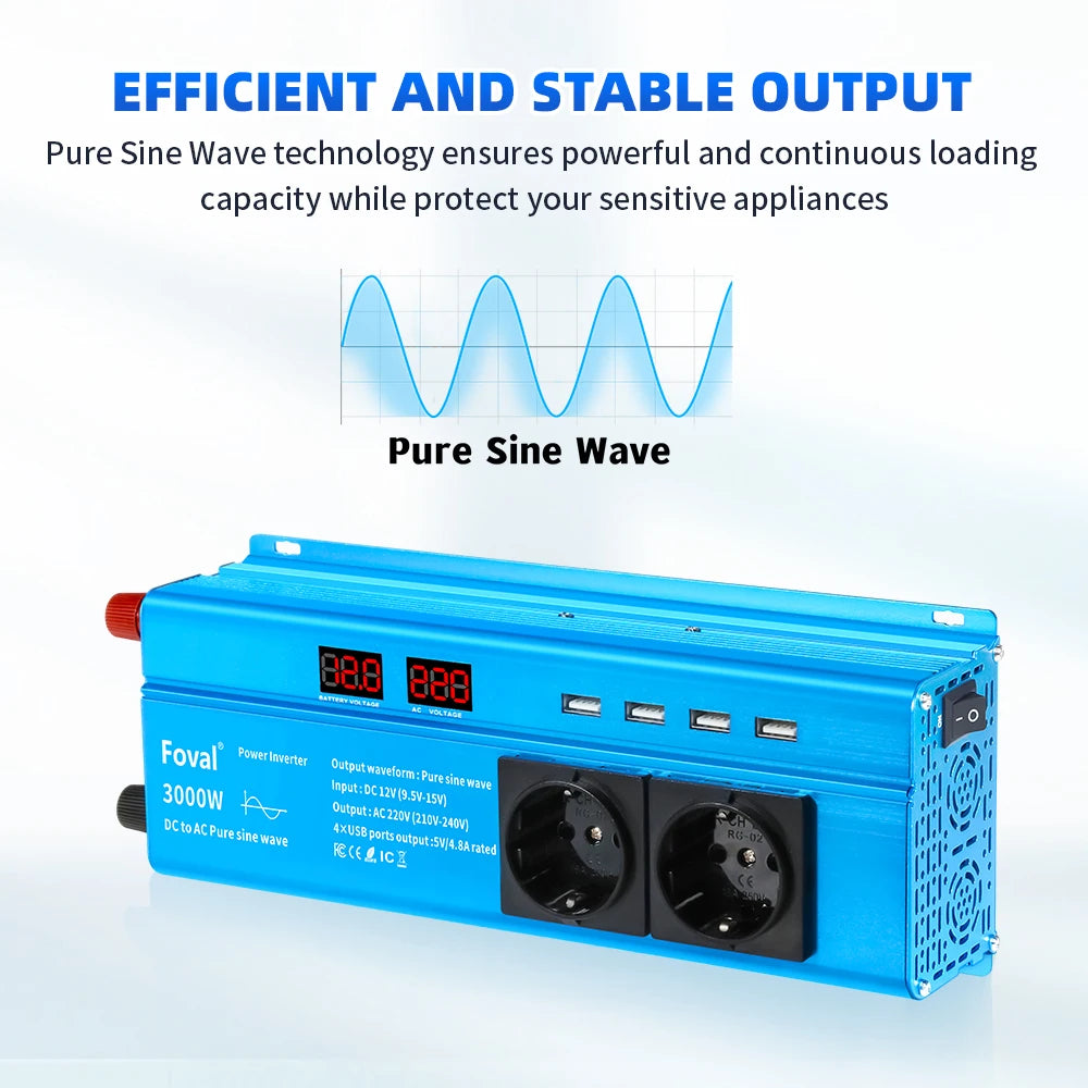 Pure Sine Wave Inverter DC 12V to AC 220V 230V 1500W/2200W/2600W Voltage Transfer Converter Universal EU Socket Auto Accessories