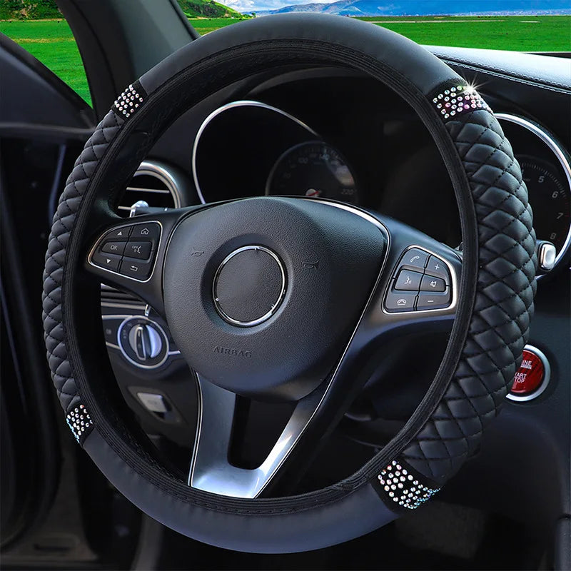 1pc Leather Embroidery Colorful Rhinestone Car Steering Wheel Cover, Fit For 14.5-15 Inch Steering Wheel, Auto Accessory