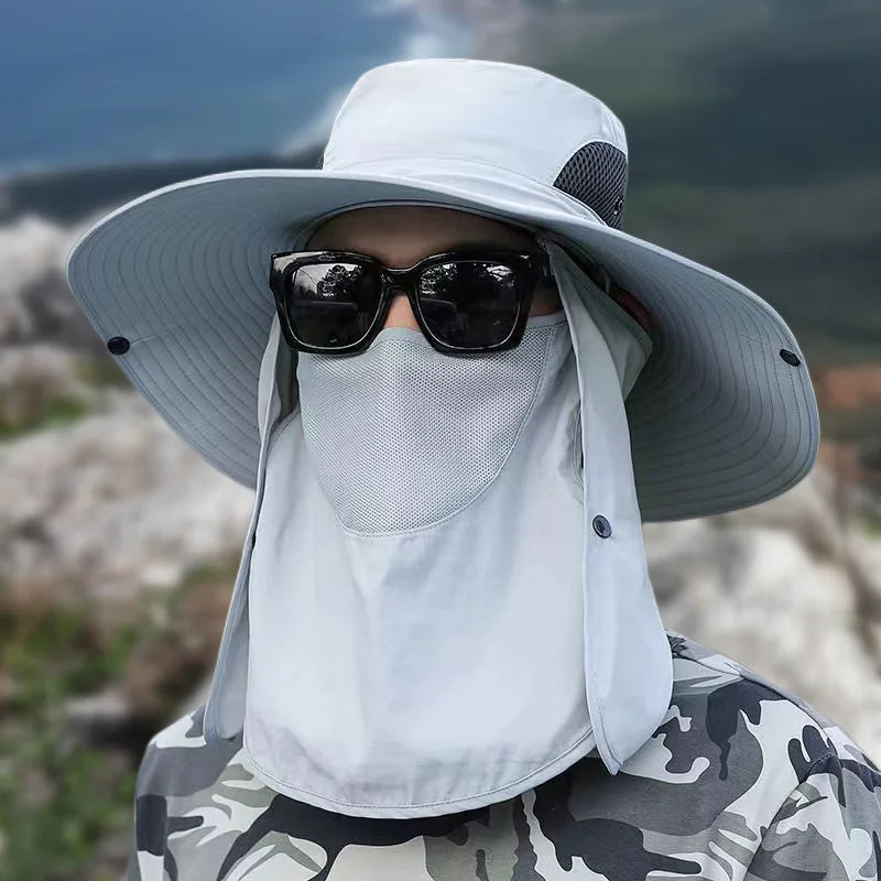 UPF50+ Fishing hat Sun shading large eaves mountain climbing mask mesh breathable outdoor UV protection detachable full face